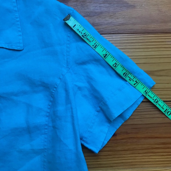 Talbots Teal Irish Linen Short Sleeve Button Down Top, EUC, L - Picture 8 of 11